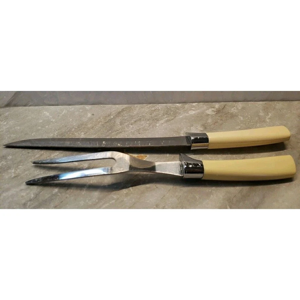 Vtg 2 pc Quikut CARVING SET Knife/Fork with Faux HANDLES
